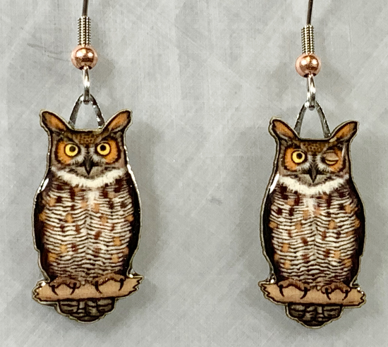 Picture shown is of 1 inch tall pair of earrings of the bird the Great Horned Owl.