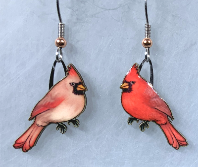 Picture shown is of 1 inch tall pair of earrings of the bird the Northern Cardinal.