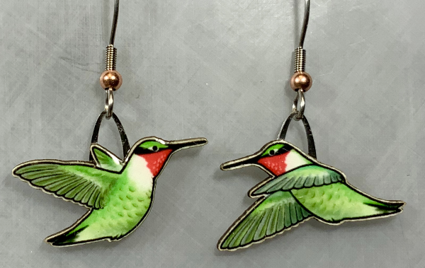 Picture shown is of 1 inch tall pair of earrings of a Ruby-throated Hummingbird.