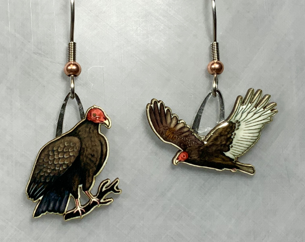 Picture shown is of 1 inch tall pair of earrings of the bird the Turkey Vulture.