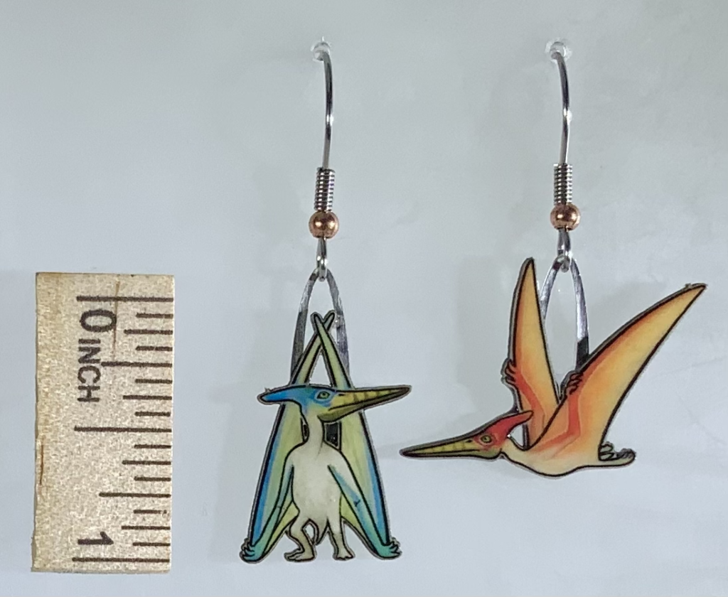 Picture shown is of 1 inch tall pair of earrings of the dinosaur the Pteranodon.