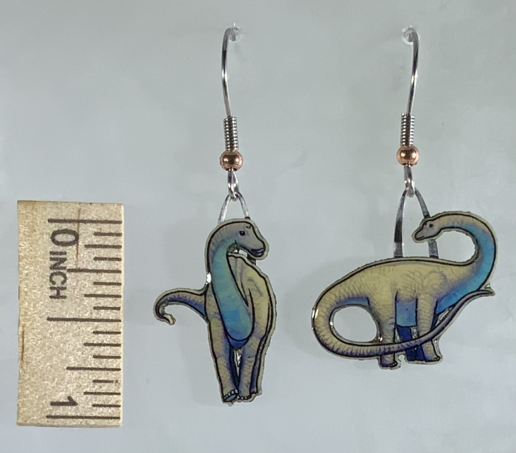 Picture shown is of 1 inch tall pair of earrings of the dinosaur the Apatosaurus.