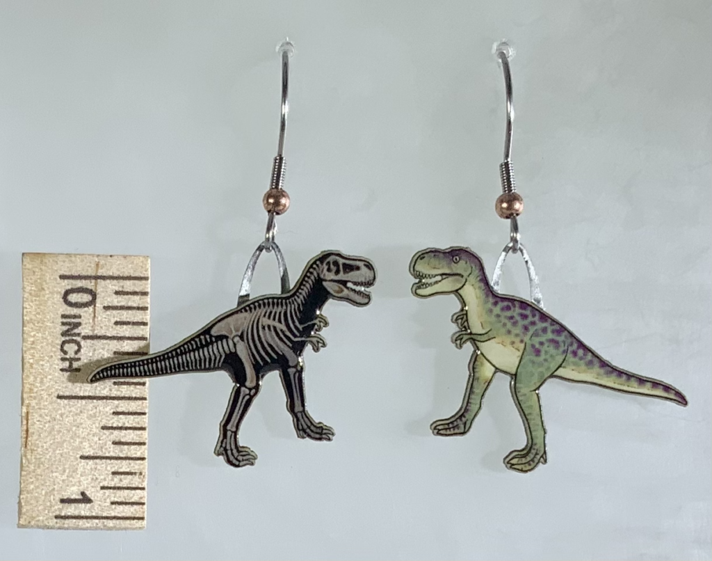 Picture shown is of 1 inch tall pair of earrings of the dinosaur the Tyrannosaurus Rex.