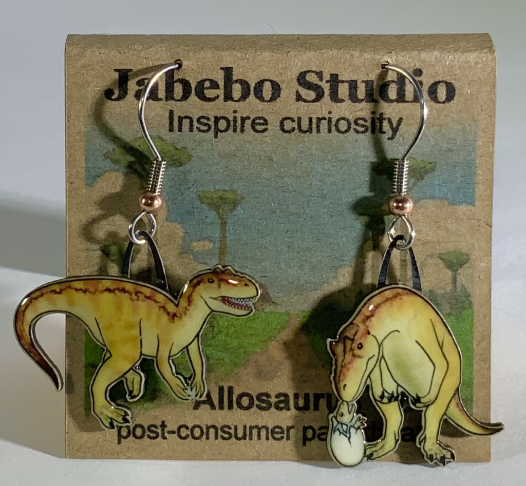 Picture shown is of 1 inch tall pair of earrings of the dinosaur the Allosaurus.