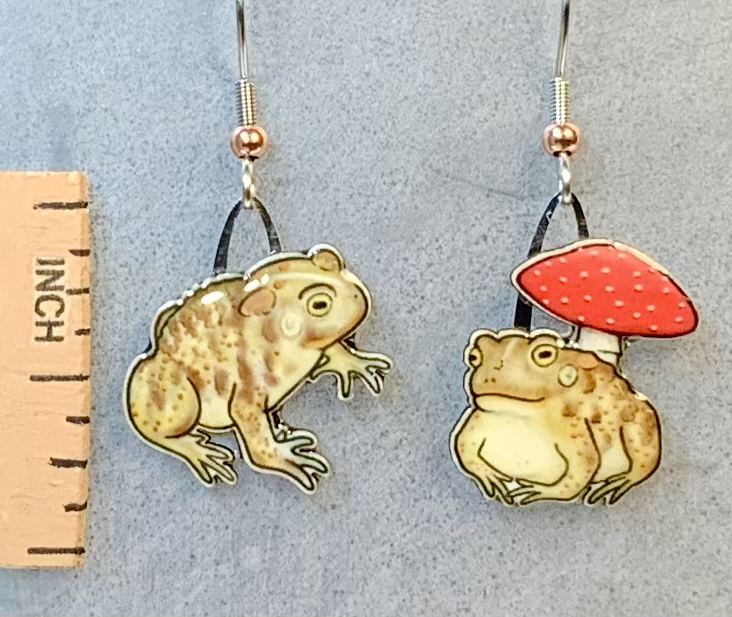 Picture shown is of 1 inch tall pair of earrings of the herp the American Toad.