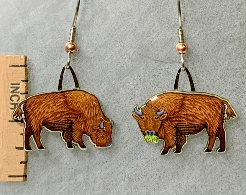 Picture shown is of 1 inch tall pair of earrings of the animal the Bison.