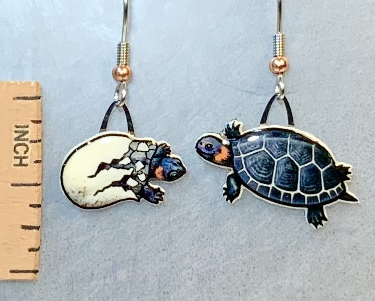 Picture shown is of 1 inch tall pair of earrings of the herp the Bog Turtle.