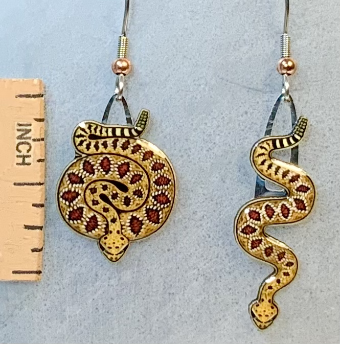 Picture shown is of 1 inch tall pair of earrings of the herp the Diamondback Rattlesnake.