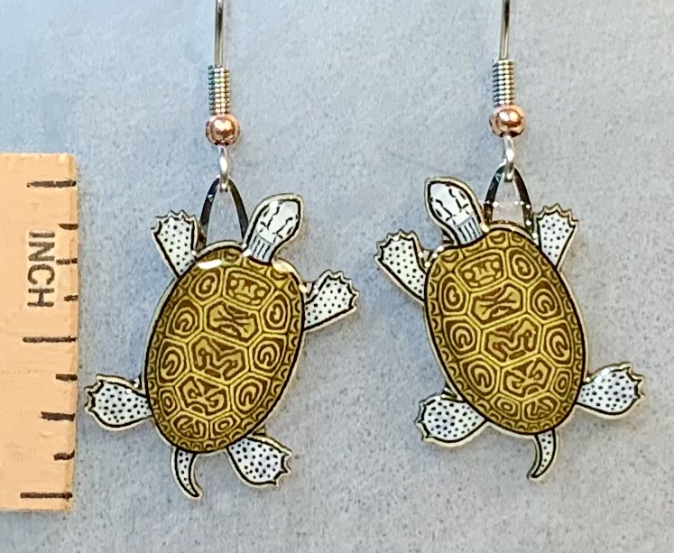 Picture shown is of 1 inch tall pair of earrings of the herp the Diamondback Terrapin.