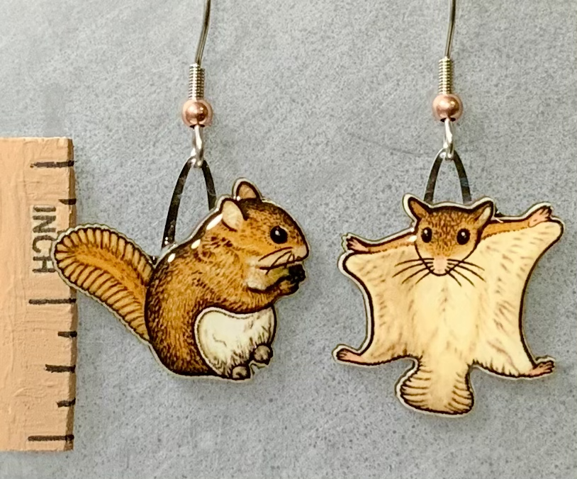 Picture shown is of 1 inch tall pair of earrings of the animal the Flying Squirrel.