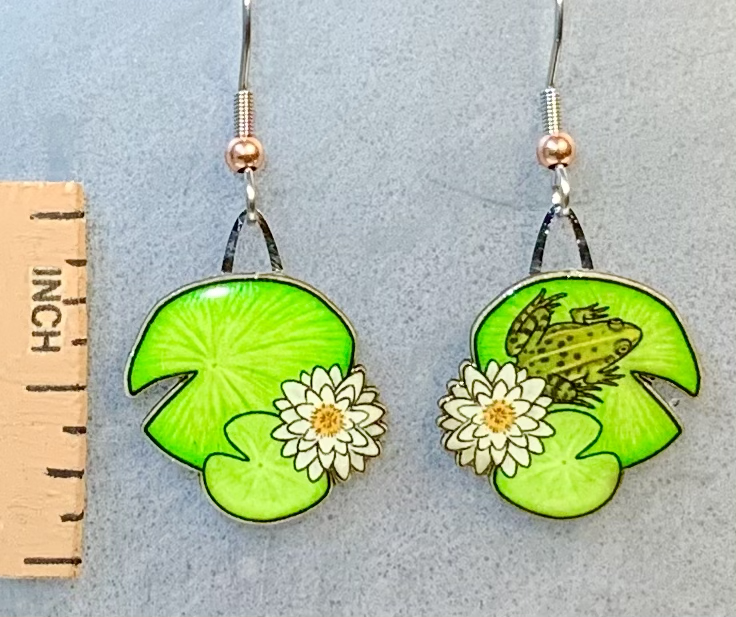 Picture shown is of 1 inch tall pair of earrings of the herp the Lily Pad & Frog.