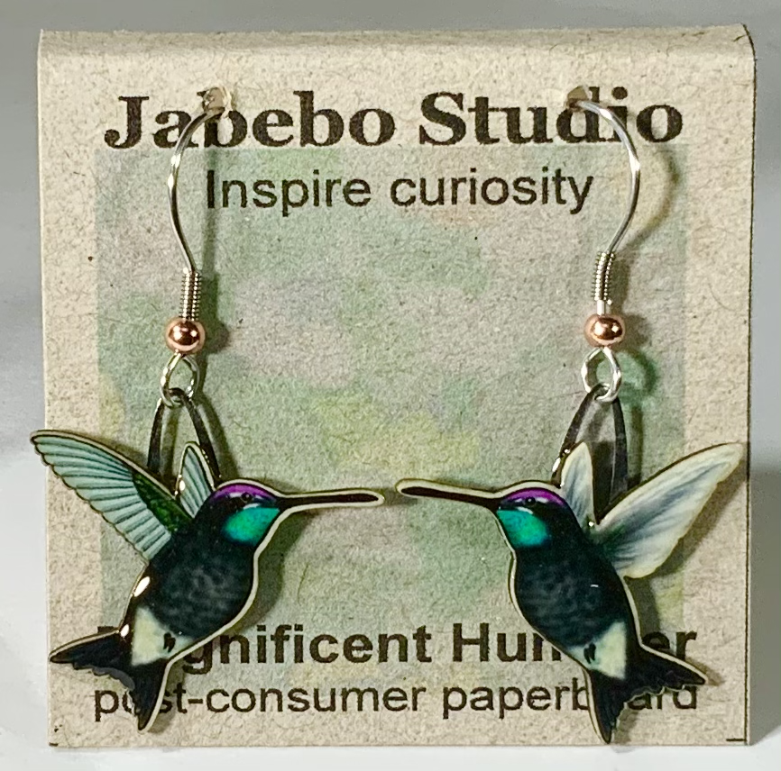 Picture shown is of 1 inch tall pair of earrings of Magnificent Hummingbirds.