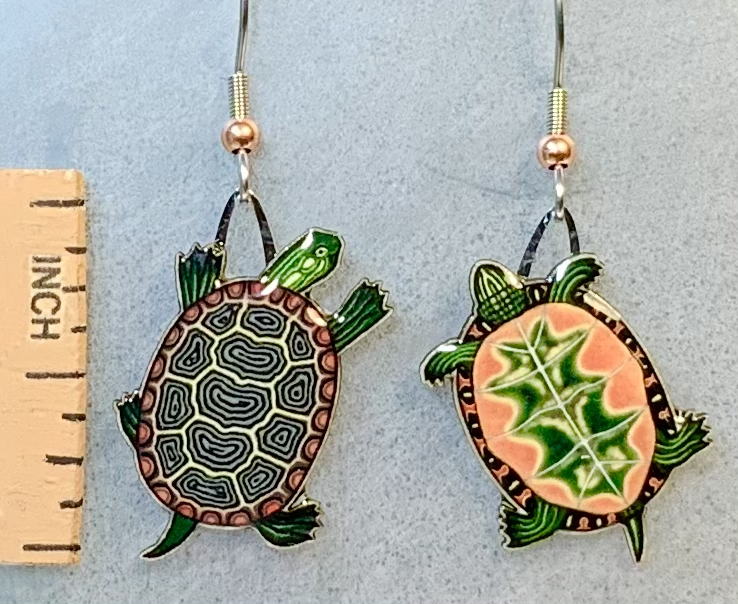 Picture shown is of 1 inch tall pair of earrings of the herp the Painted Turtle.