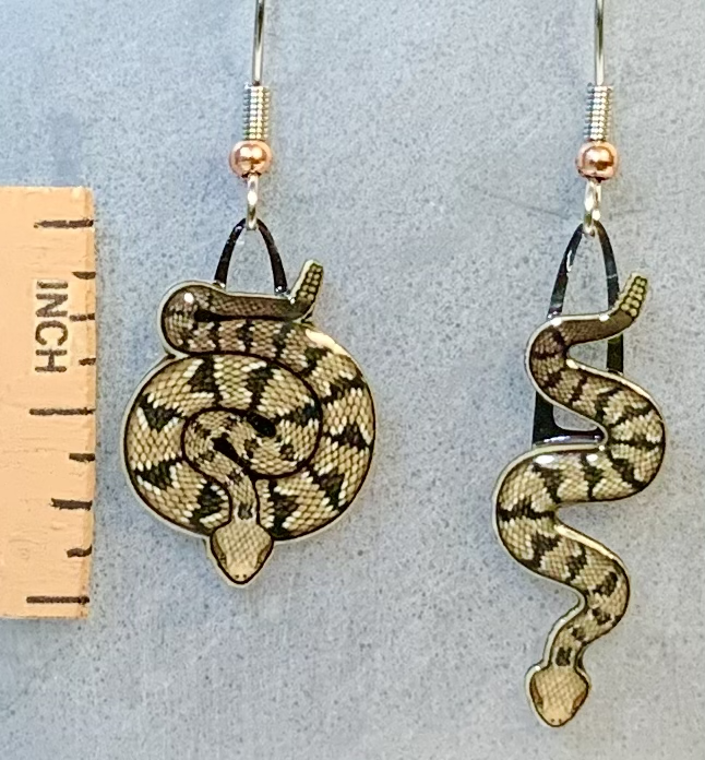 Picture shown is of 1 inch tall pair of earrings of the herp the Timber Rattlesnake.