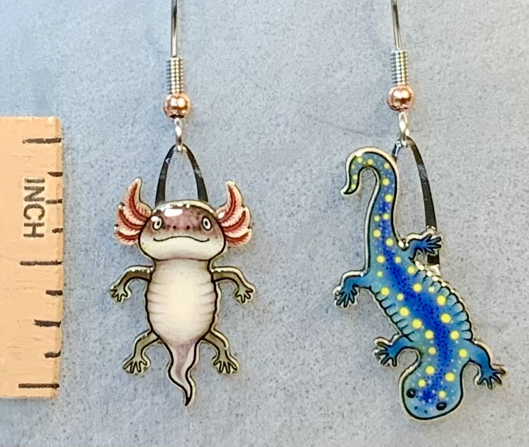 Picture shown is of 1 inch tall pair of earrings of the herp the Yellow-spotted Salamander.