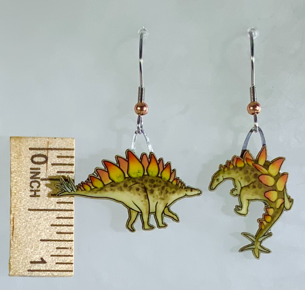 Picture shown is of 1 inch tall pair of earrings of the dinosaur the Stegosaurus.