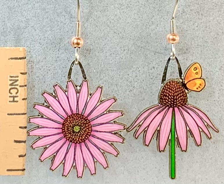 Picture shown is of 1 inch tall pair of earrings of the Echinacea. One side has tiny butterfly on top of flower.