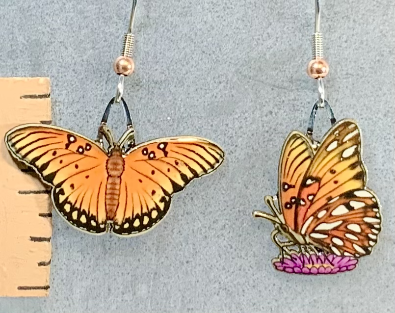 Picture shown is of 1 inch tall pair of earrings of the bug the Gulf Fritillary Butterfly.