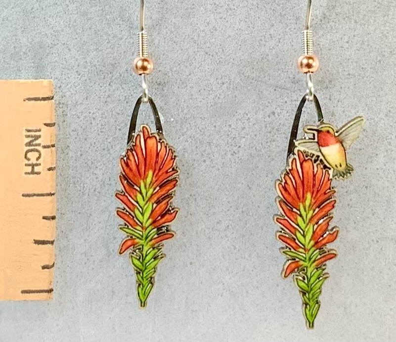 Picture shown is of 1 inch tall pair of earrings of the Indian Paintbrush. Has tiny humming bird at the top of one of the stocks.