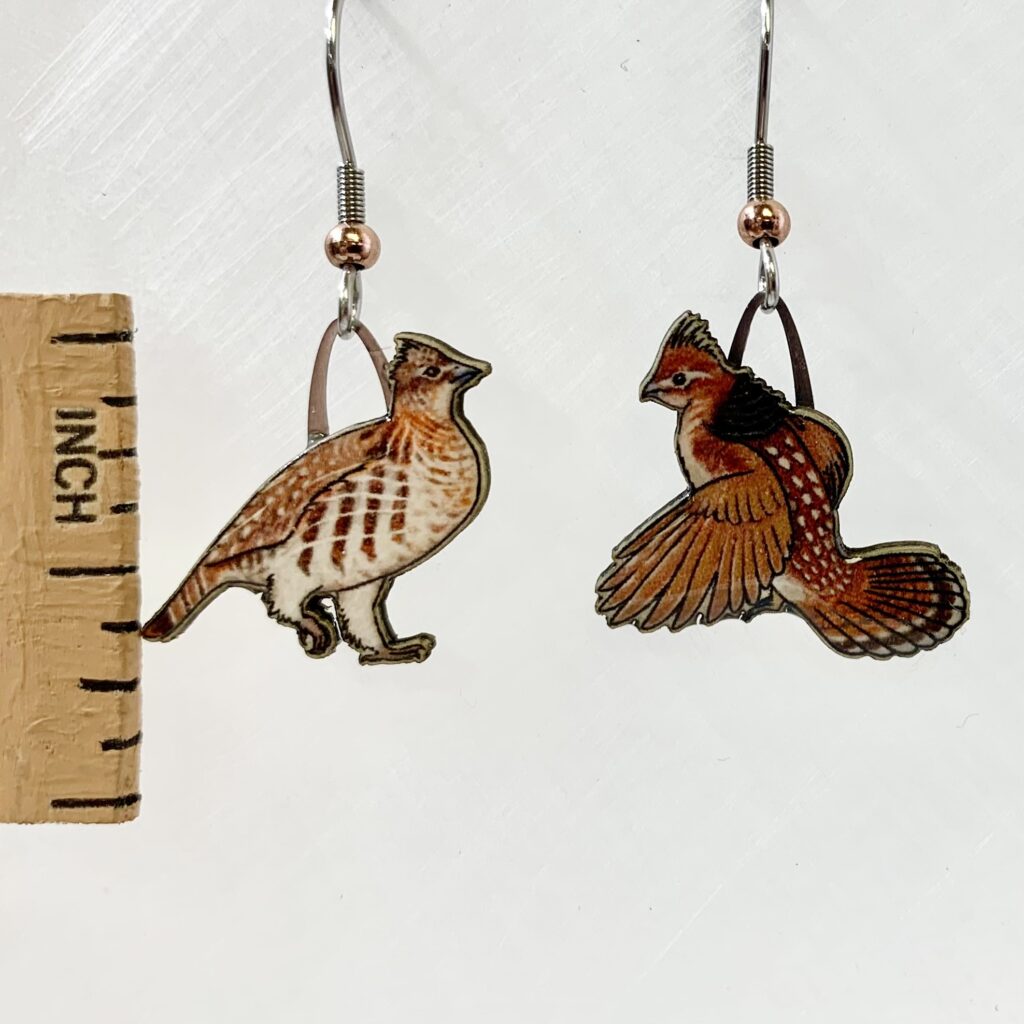 Picture shown is of 1 inch tall pair of earrings of the bird the Ruffed Grouse.