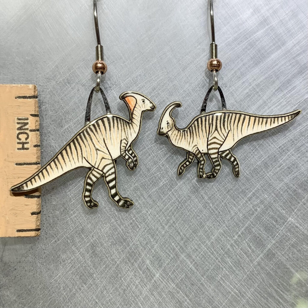 Picture shown is of 1 inch tall pair of earrings of the dinosaur the Hadrosaur.