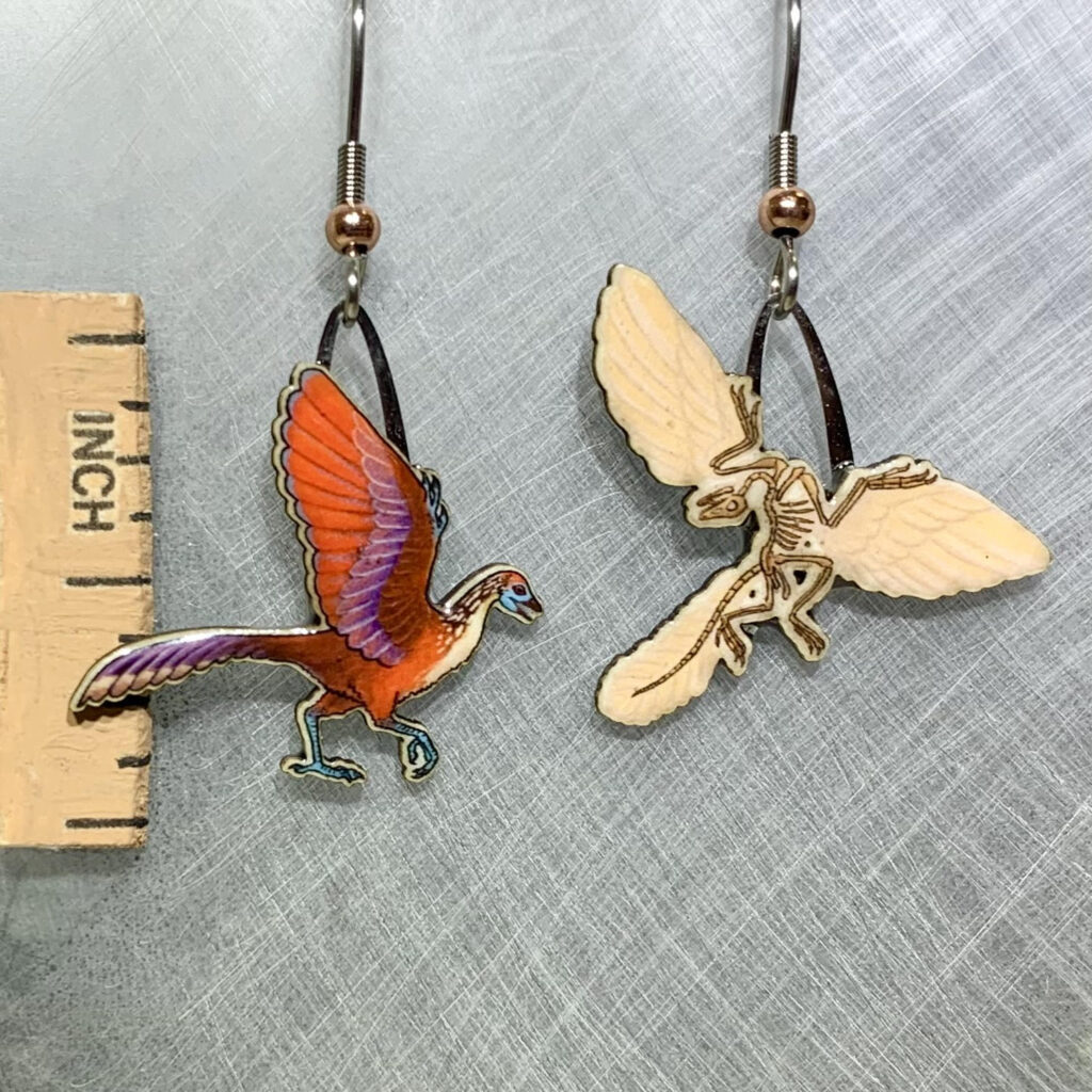 Picture shown is of 1 inch tall pair of earrings of the dinosaur the Archaeopteryx.