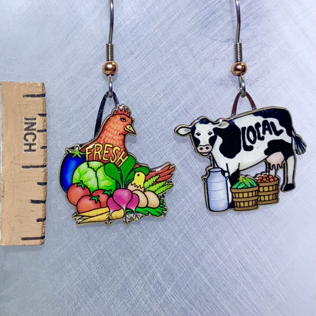 Picture shown is of 1 inch tall pair of earrings of Locavore (Chicken, Produce, & Cows).