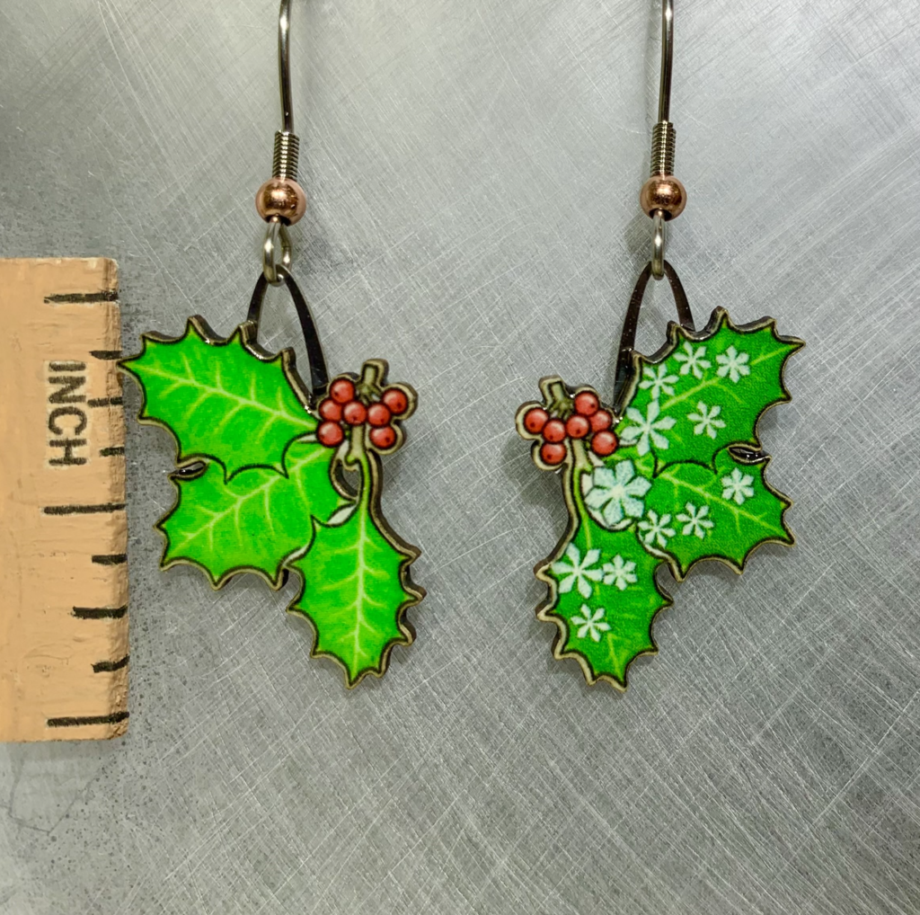 Picture shown is of 1 inch tall pair of earrings of Holly Leaves.