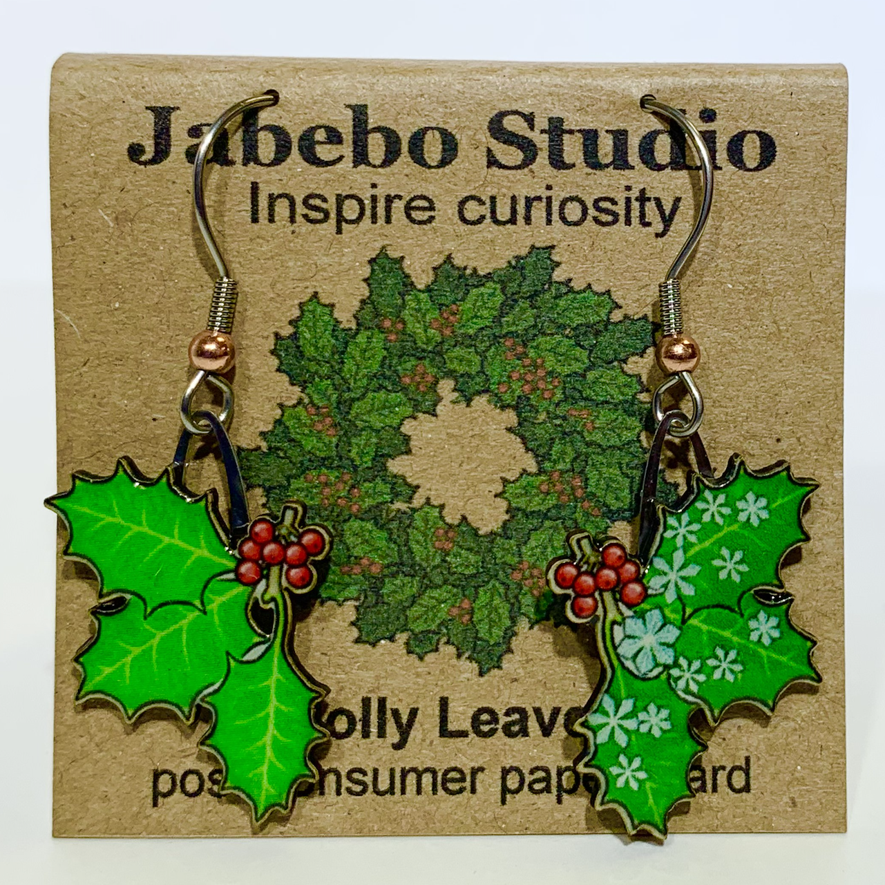 Picture shown is of 1 inch tall pair of earrings of Holly Leaves.