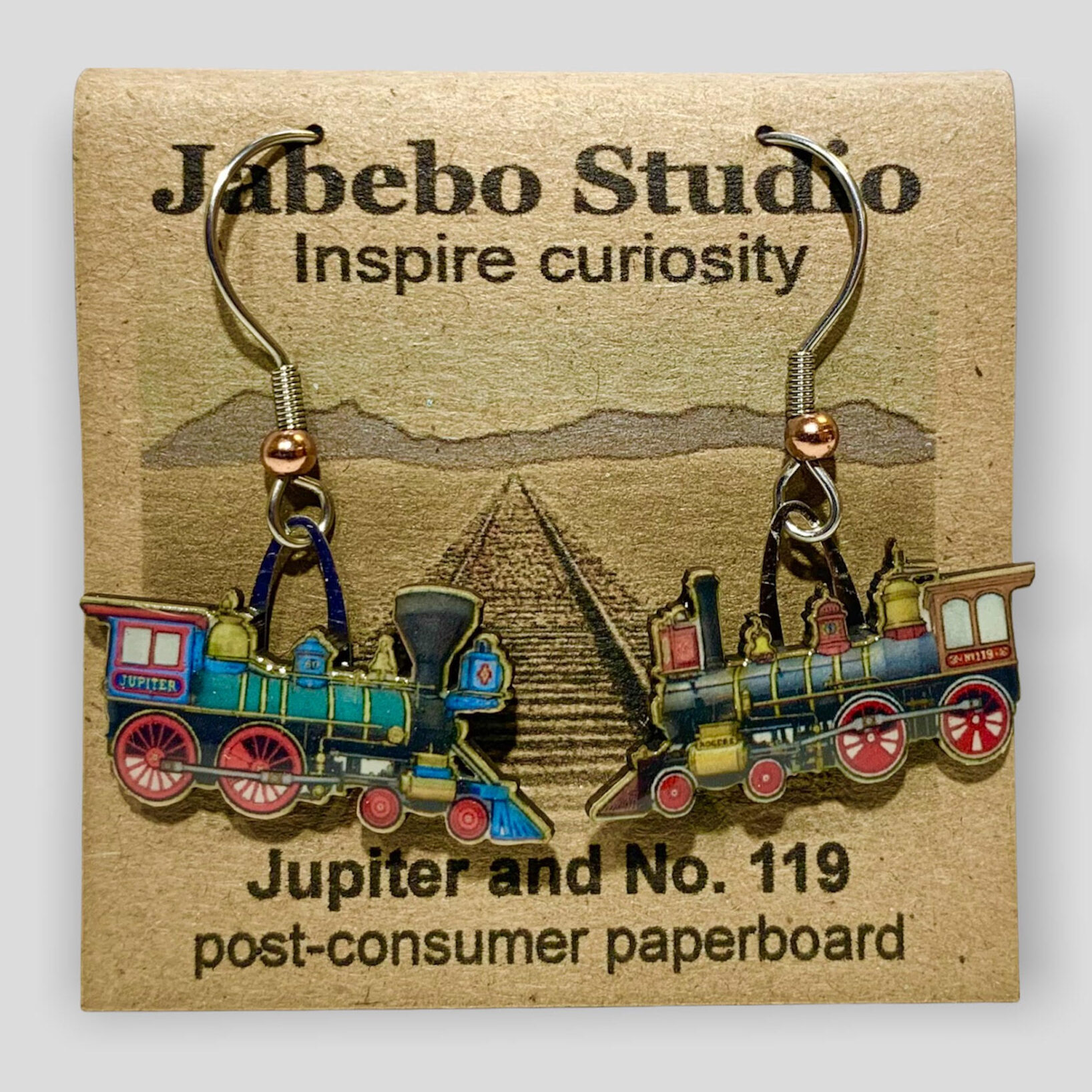 Picture shown is of 1 inch tall pair of earrings of the Trains Jupiter & No. 119.