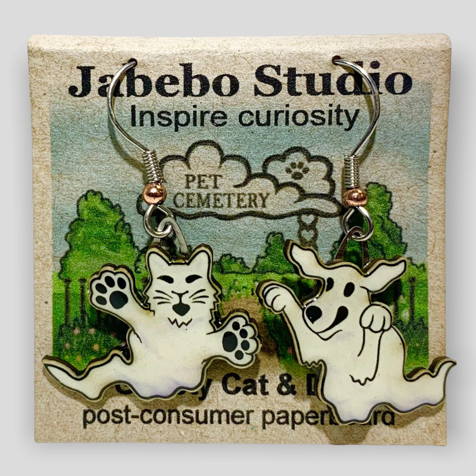 Picture shown is of 1 inch tall pair of earrings of Ghosty Cat & Dog.