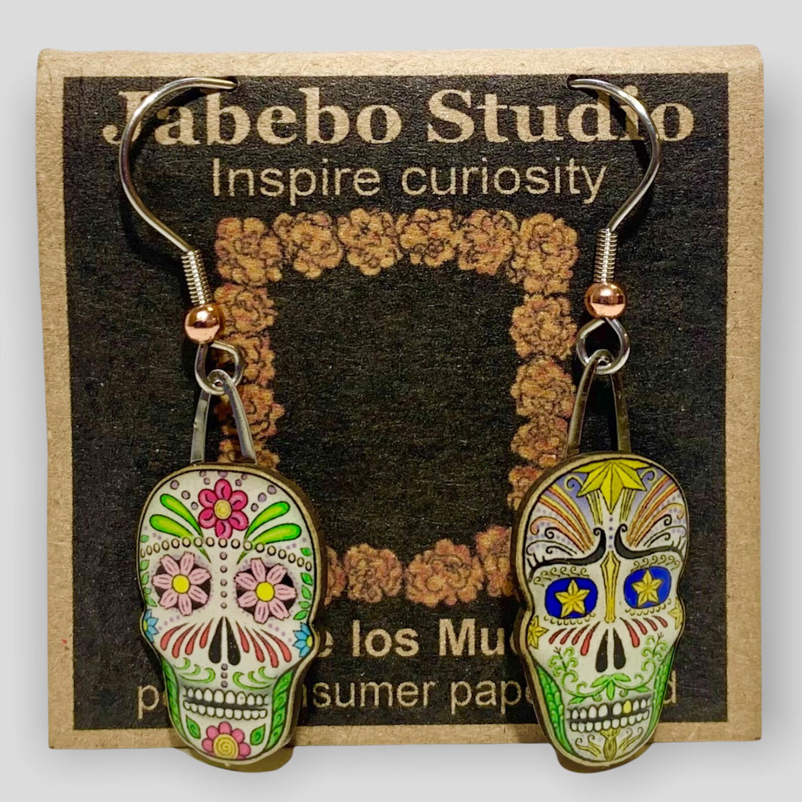 Picture shown is of 1 inch tall pair of earrings of Dia de los Muertos (Sugar Skulls).