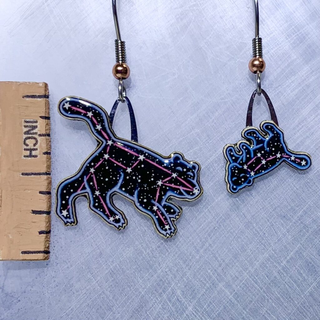 Picture shown is of 1 inch tall pair of earrings of Ursa Major & Minor.