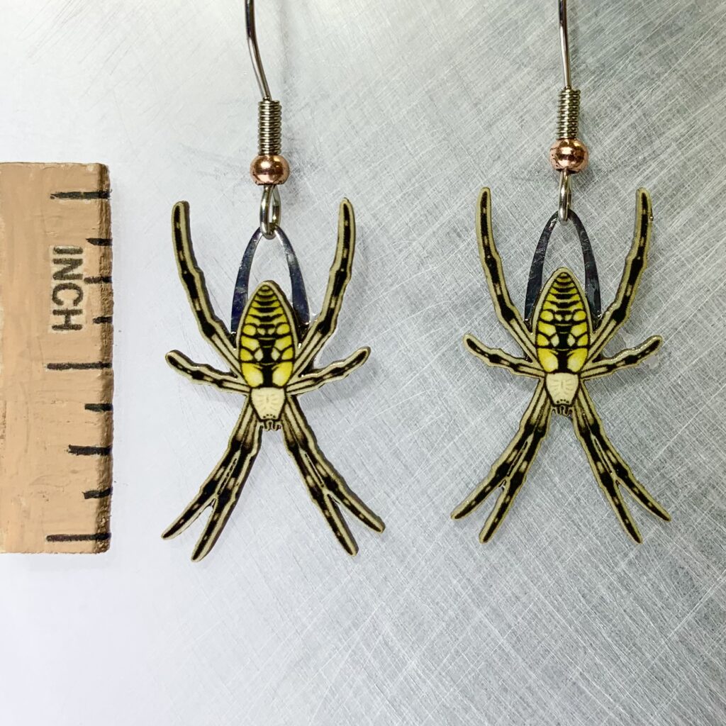 Picture shown is of 1 inch tall pair of earrings of the arachnid the Garden Spider