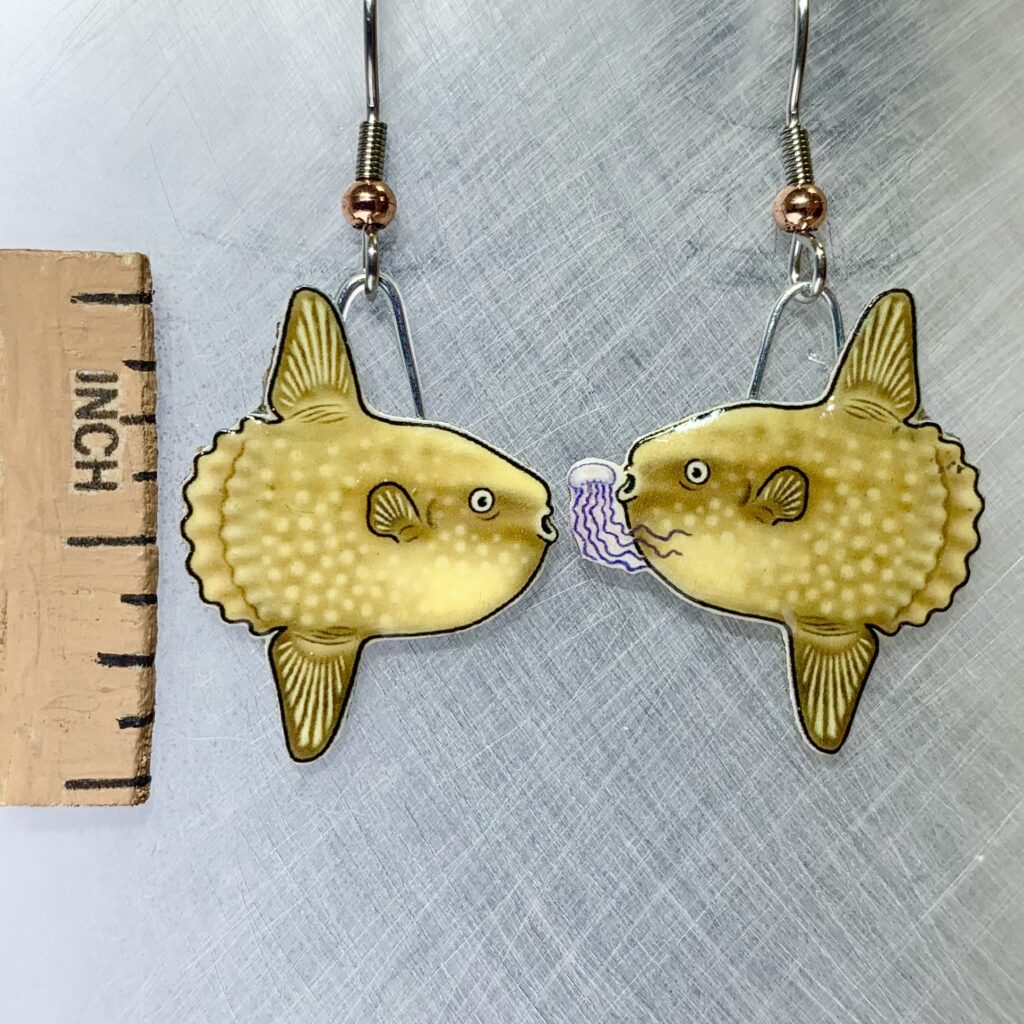 Picture shown is of 1 inch tall pair of earrings of the fish the Ocean Sunfish Gold.