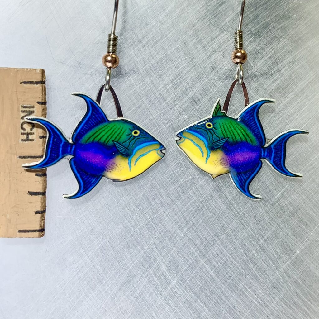 Picture shown is of 1 inch tall pair of earrings of the fish the Queen Triggerfish.