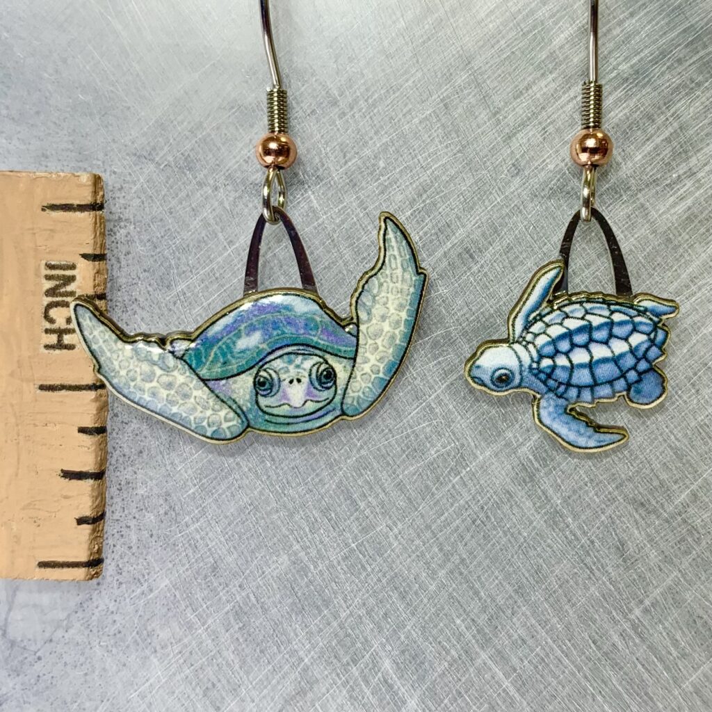 Picture shown is of 1 inch tall pair of earrings of the marine animal the Kemp's Ridley Sea Turtle.