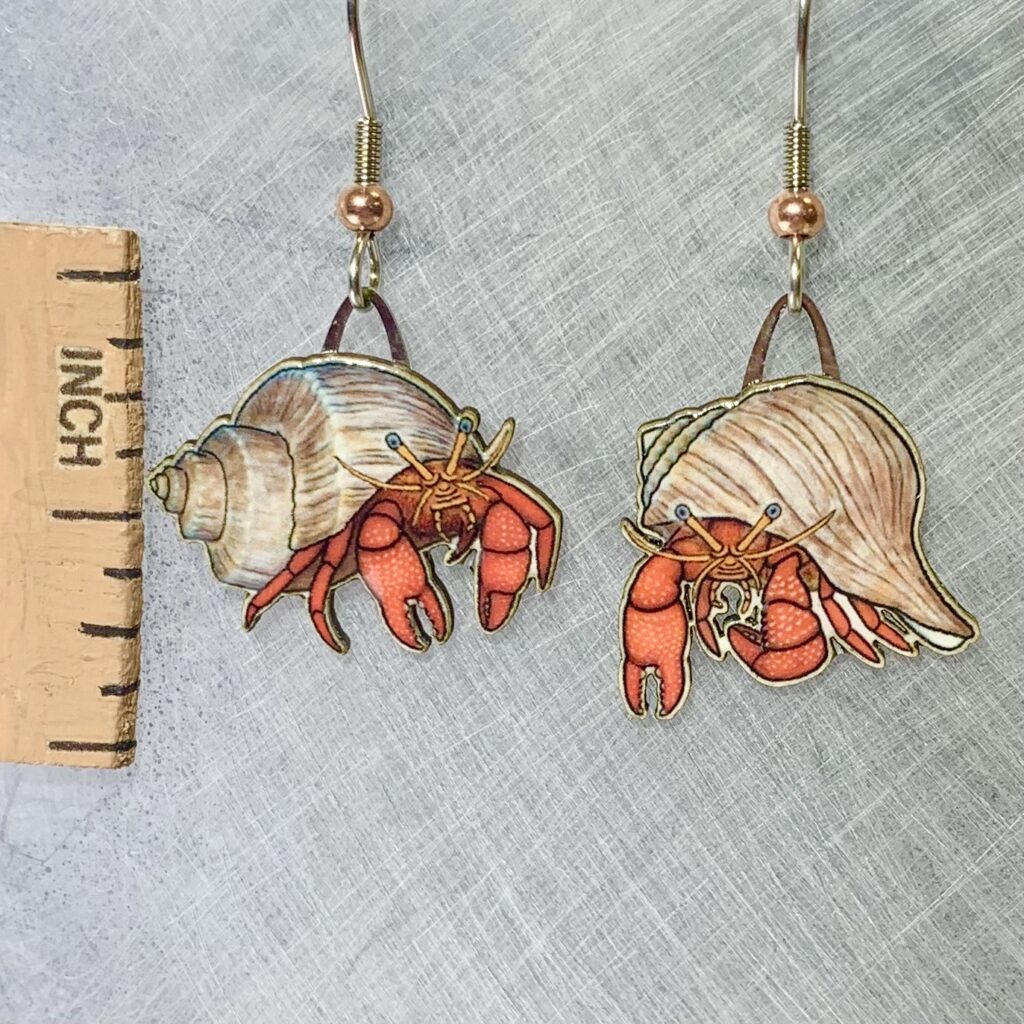 Picture shown is of 1 inch tall pair of earrings of the marine animal the Hermit Crab.