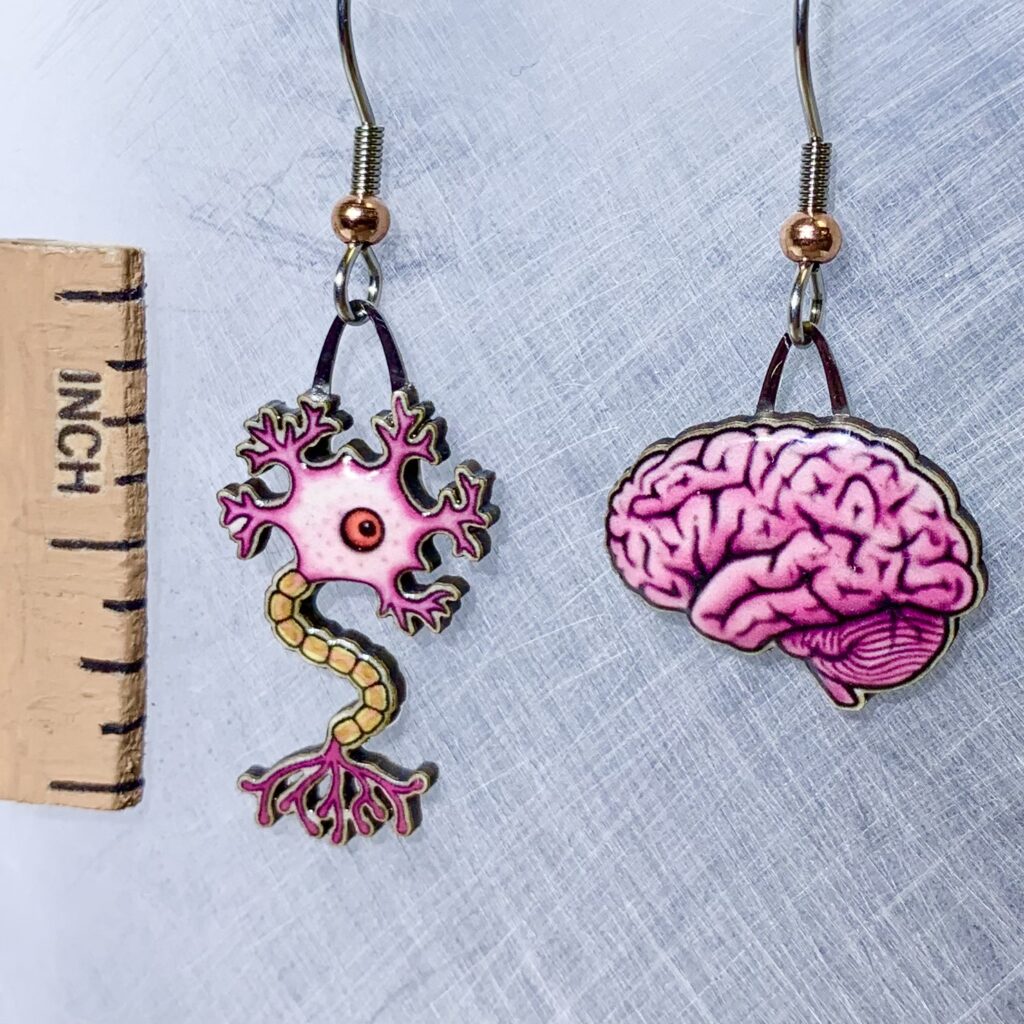 Picture shown is of 1 inch tall pair of earrings of Neuron & Human Brain.