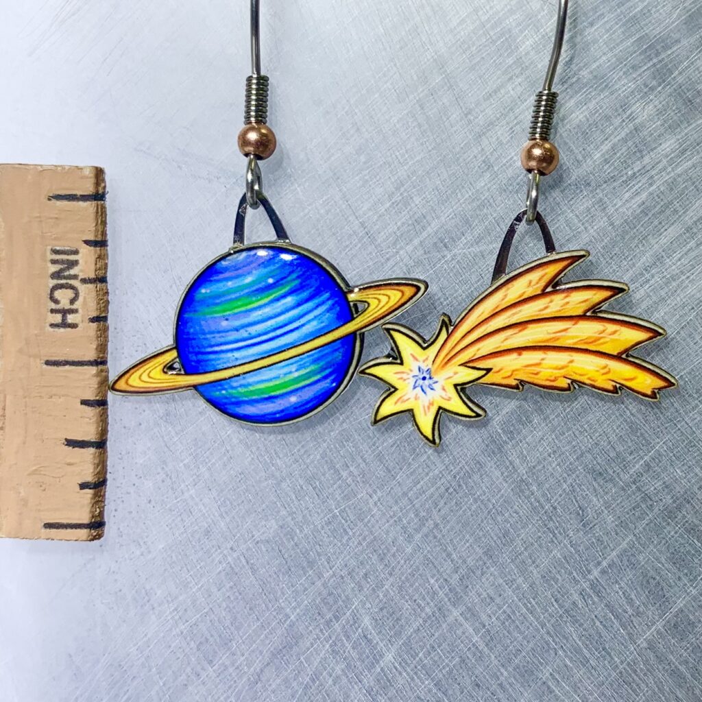 Picture shown is of 1 inch tall pair of earrings of a Planet & Star.