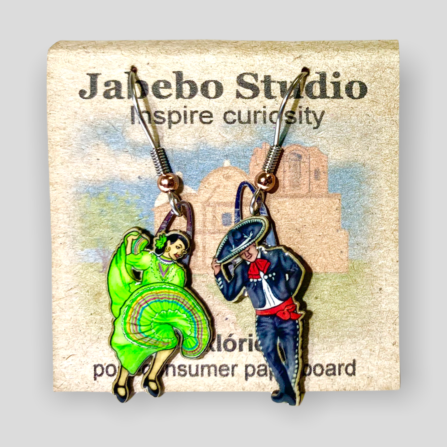 Picture shown is of 1 inch tall pair of earrings of Green Folklorico.