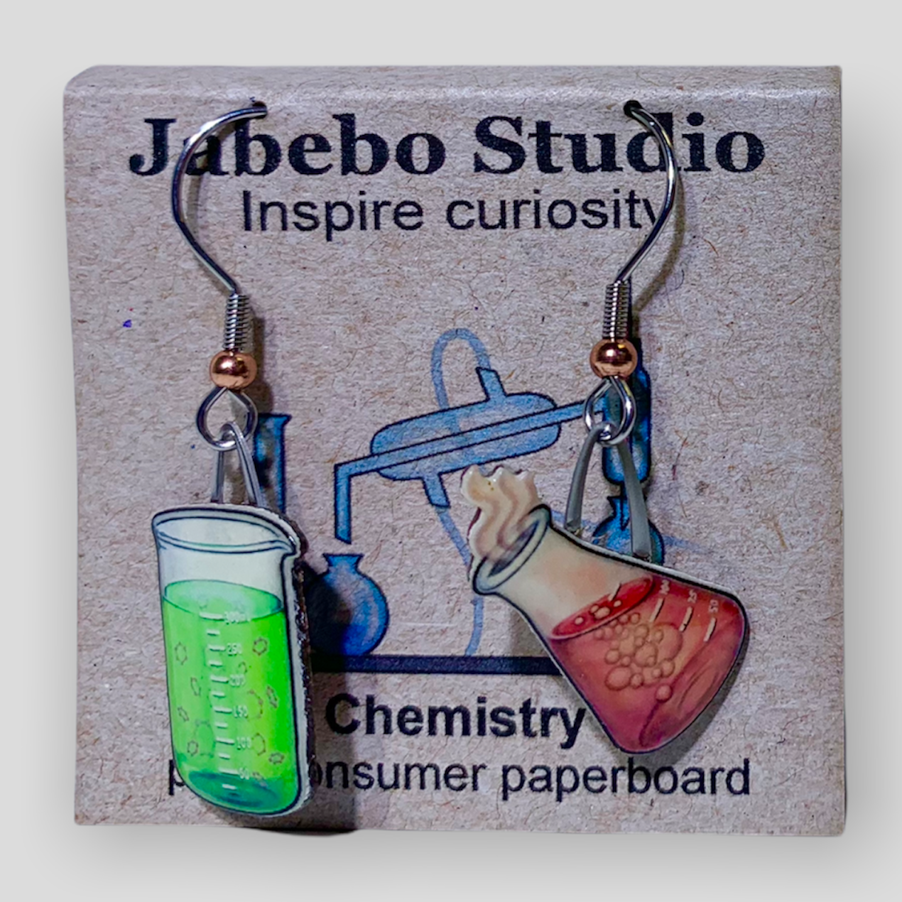 Picture shown is of 1 inch tall pair of earrings of Chemistry Glassware (Green & Red).