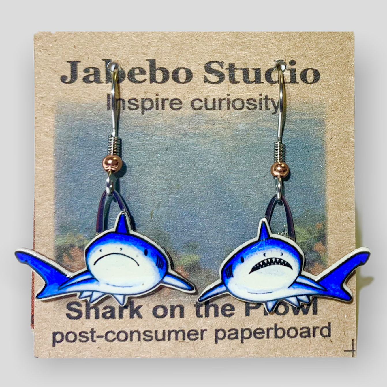 Picture shown is of 1 inch tall pair of earrings of the marine animal the Shark.