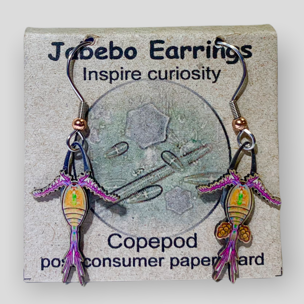 Picture shown is of 1 inch tall pair of earrings of the marine animal the Copepod (Zooplankton).