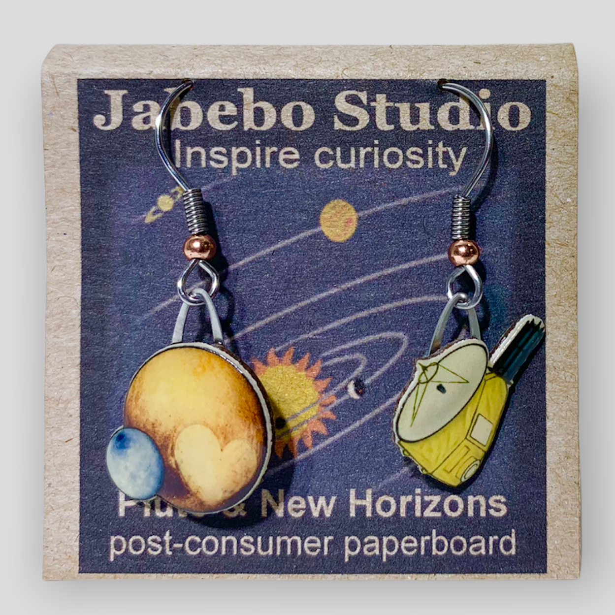 Picture shown is of 1 inch tall pair of earrings of Pluto & New Horizons.