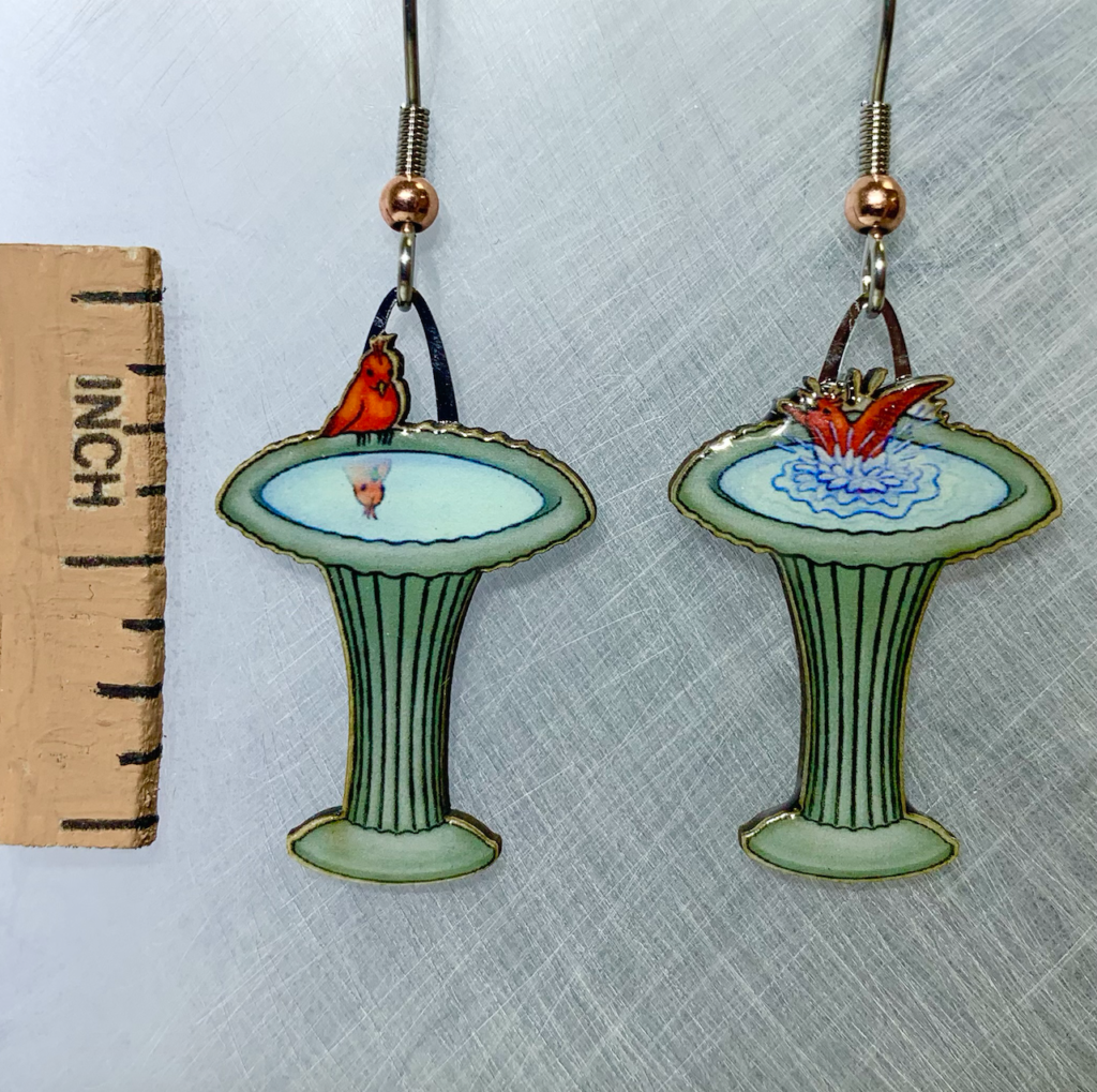 Picture shown is of 1 inch tall pair of earrings of Bird Baths.