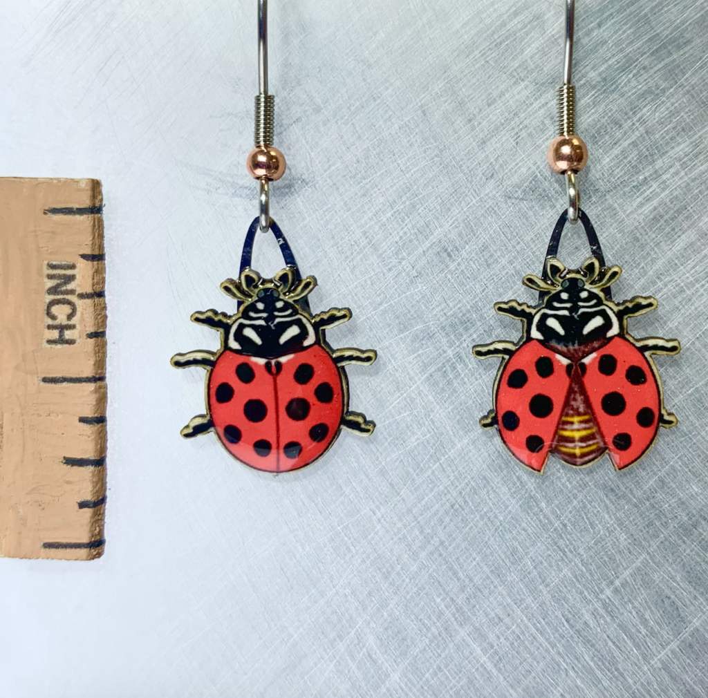 Picture shown is of 1 inch tall pair of earrings of the bug the Ladybug.