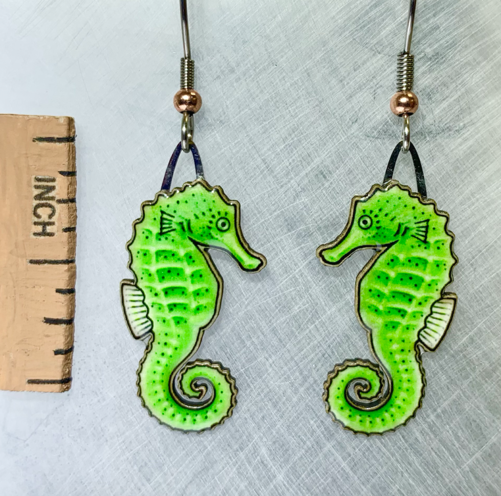 Picture shown is of 1 inch tall pair of earrings of the marine animal the Green Seahorse.