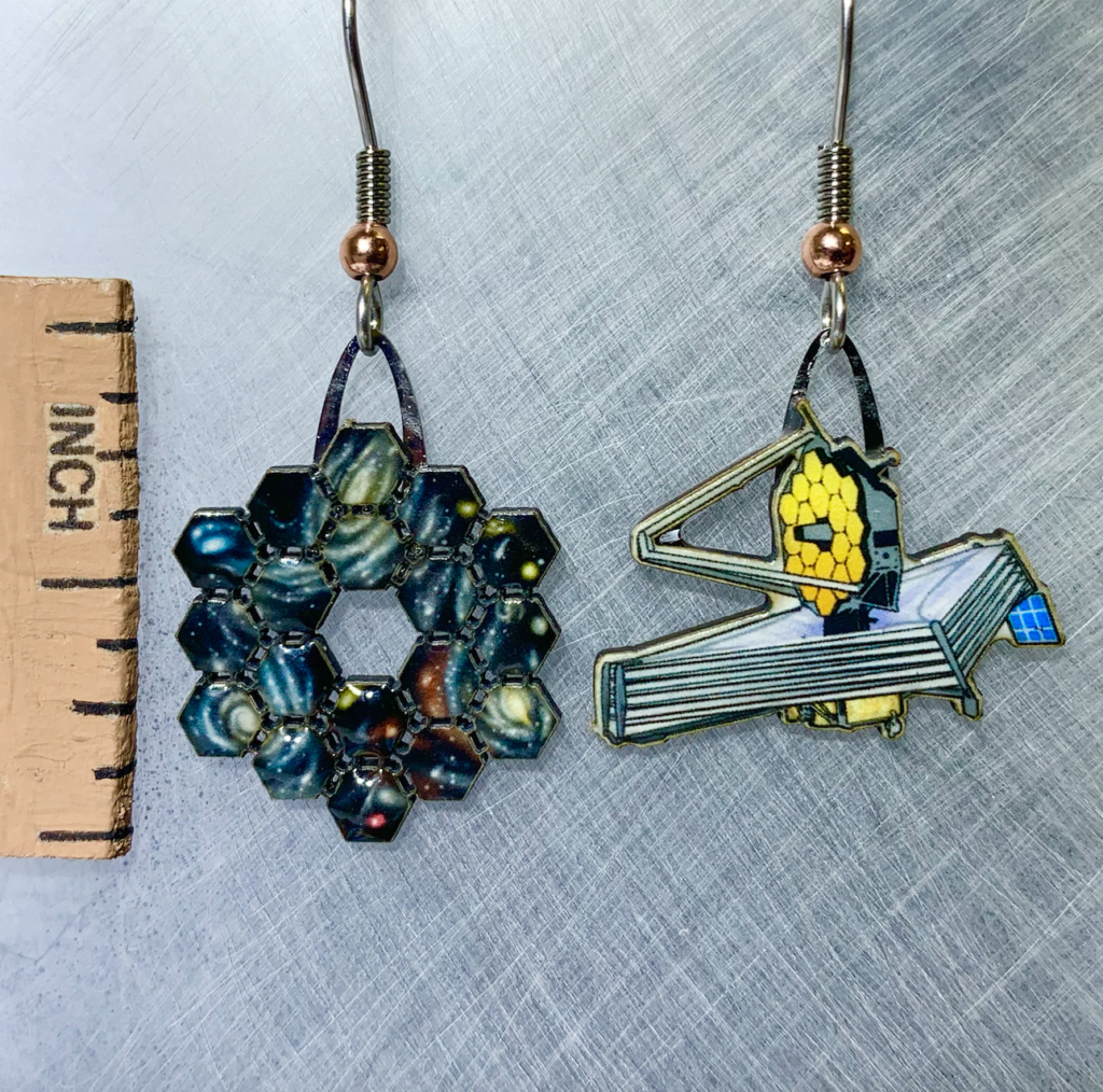 Picture shown is of 1 inch tall pair of earrings of the James Webb Space Telescope.