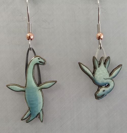 Picture shown is of 1 inch tall pair of earrings of the dinosaur the Plesiosaurus.